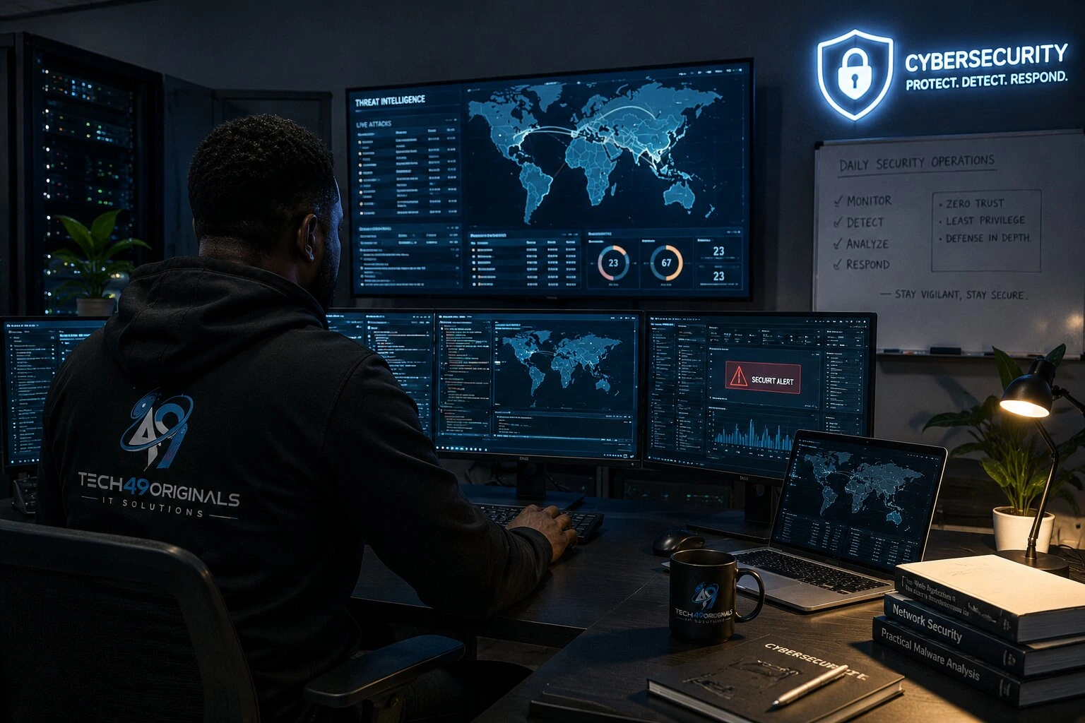 Tech49Originals security analyst monitoring threat intelligence dashboards in a Namibian security operations room