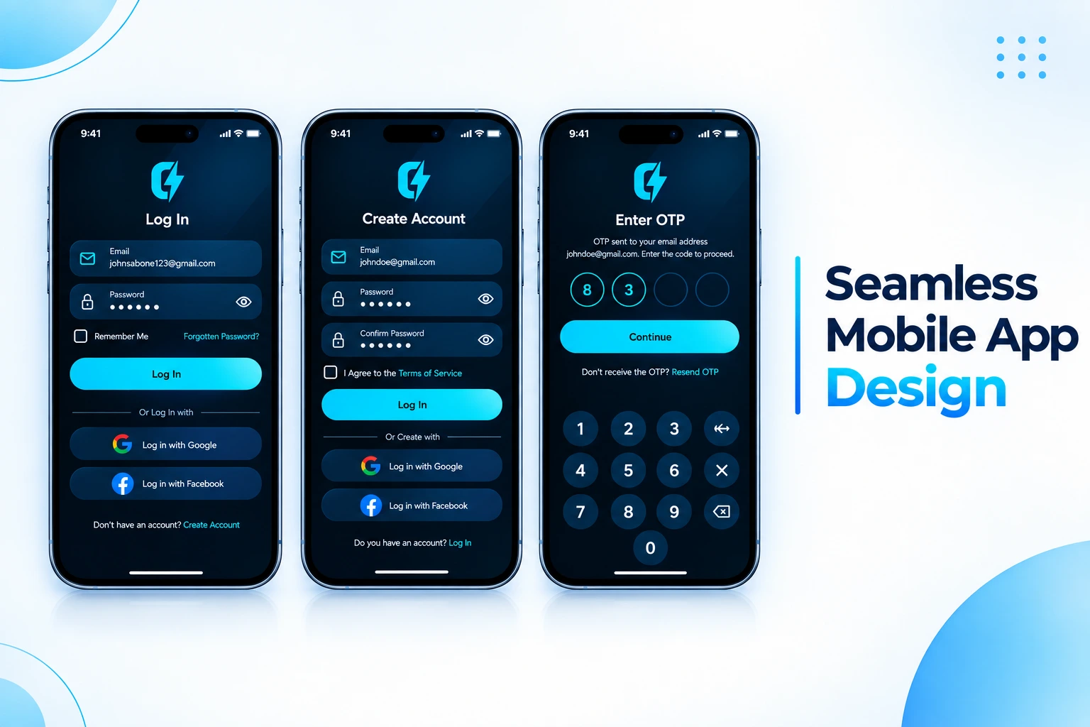 Mobile app login, sign up and OTP verification screens designed by Tech49Originals in Windhoek, Namibia