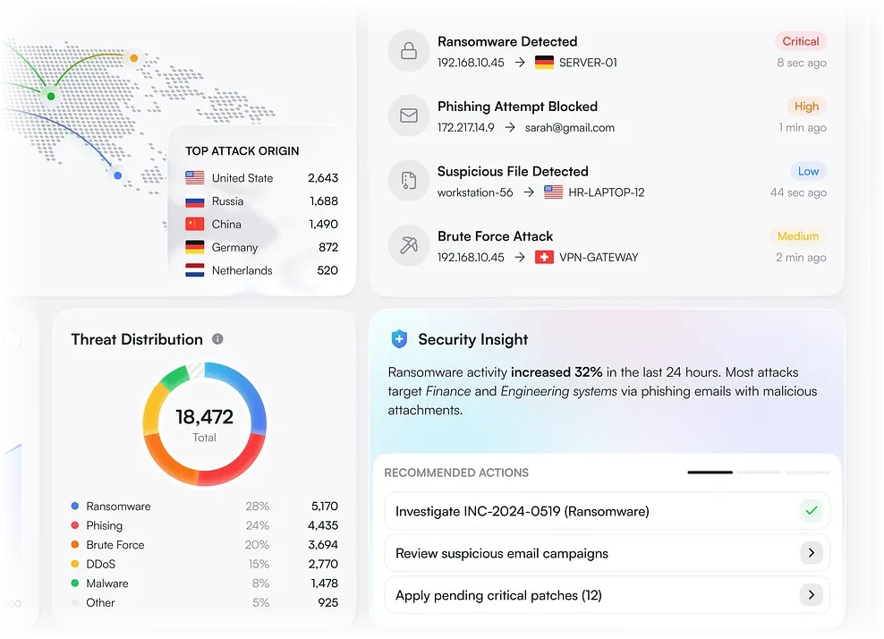 Vanguard live threat feed listing ransomware, phishing and brute force detections in real time