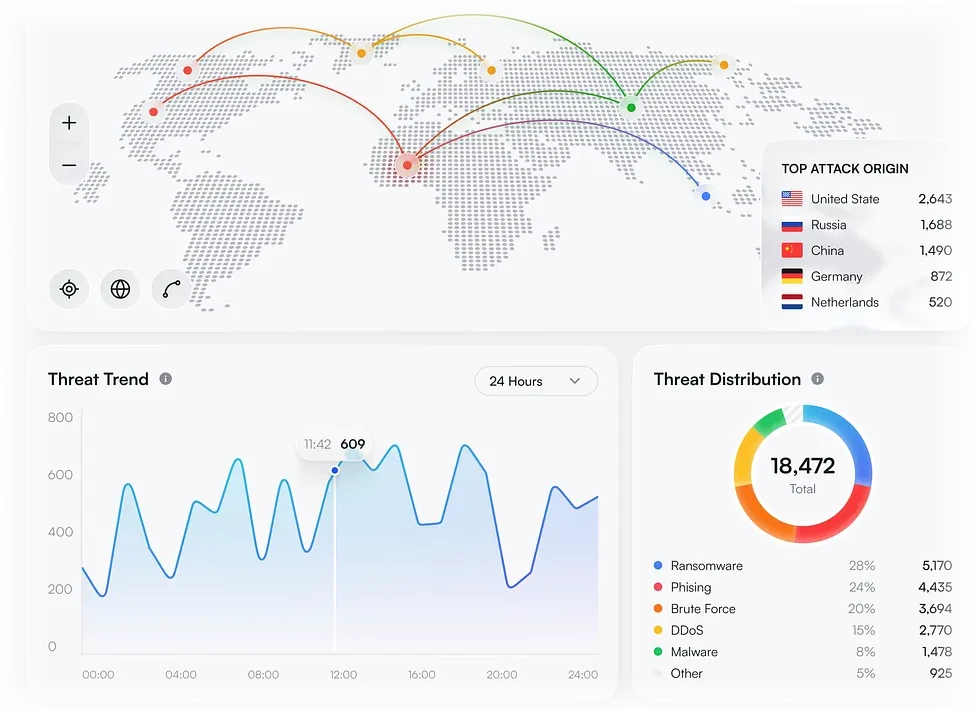Vanguard global threat activity map showing live attack origins, built by Tech49Originals in Windhoek, Namibia