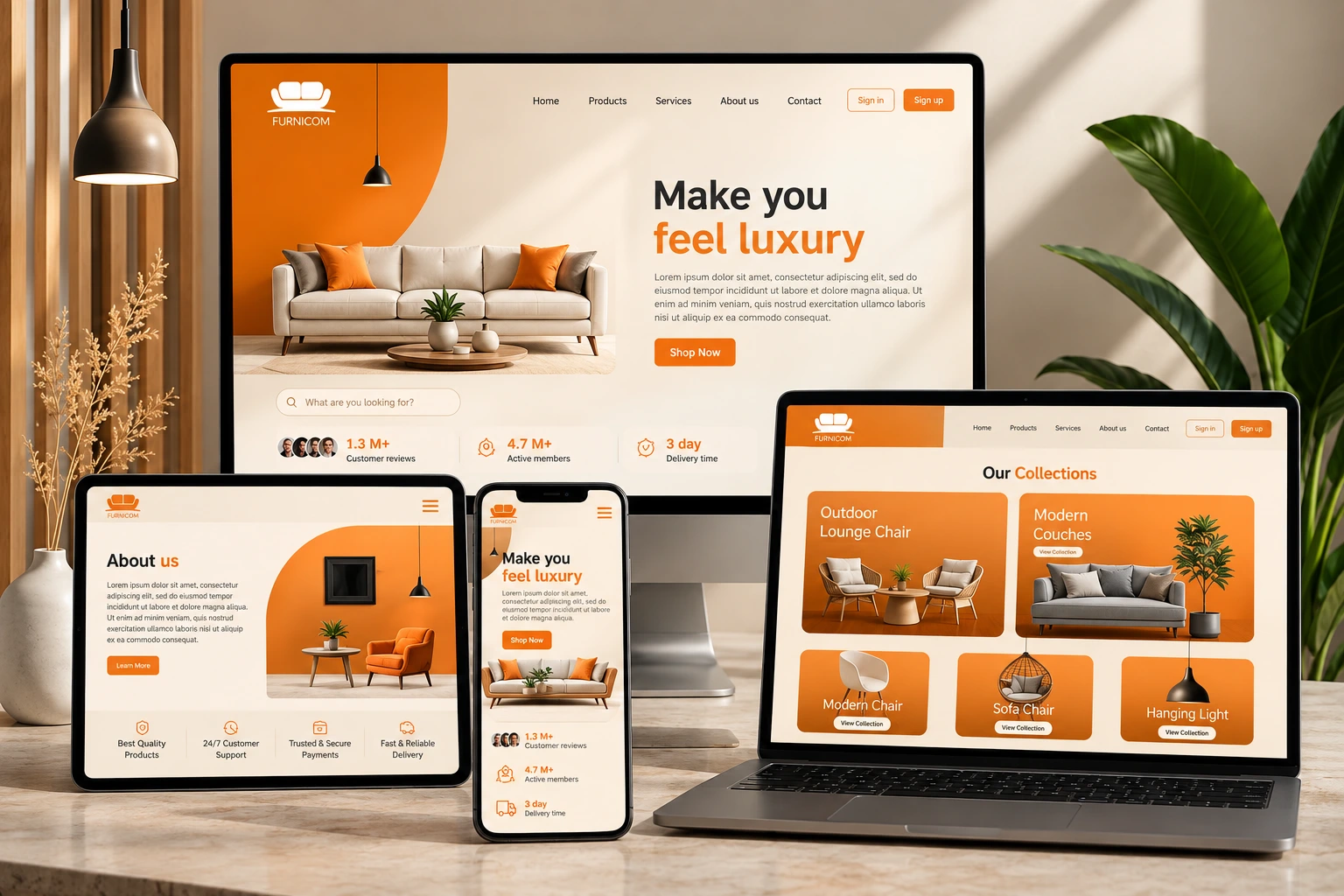 Responsive furniture e-commerce website designed by Tech49Originals shown on desktop, laptop, tablet and mobile